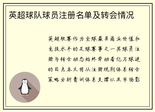 英超球队球员注册名单及转会情况